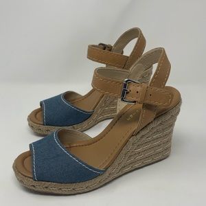 Marc Fisher Denim Espadrille Wedge Peep Toe Sandals 9.5